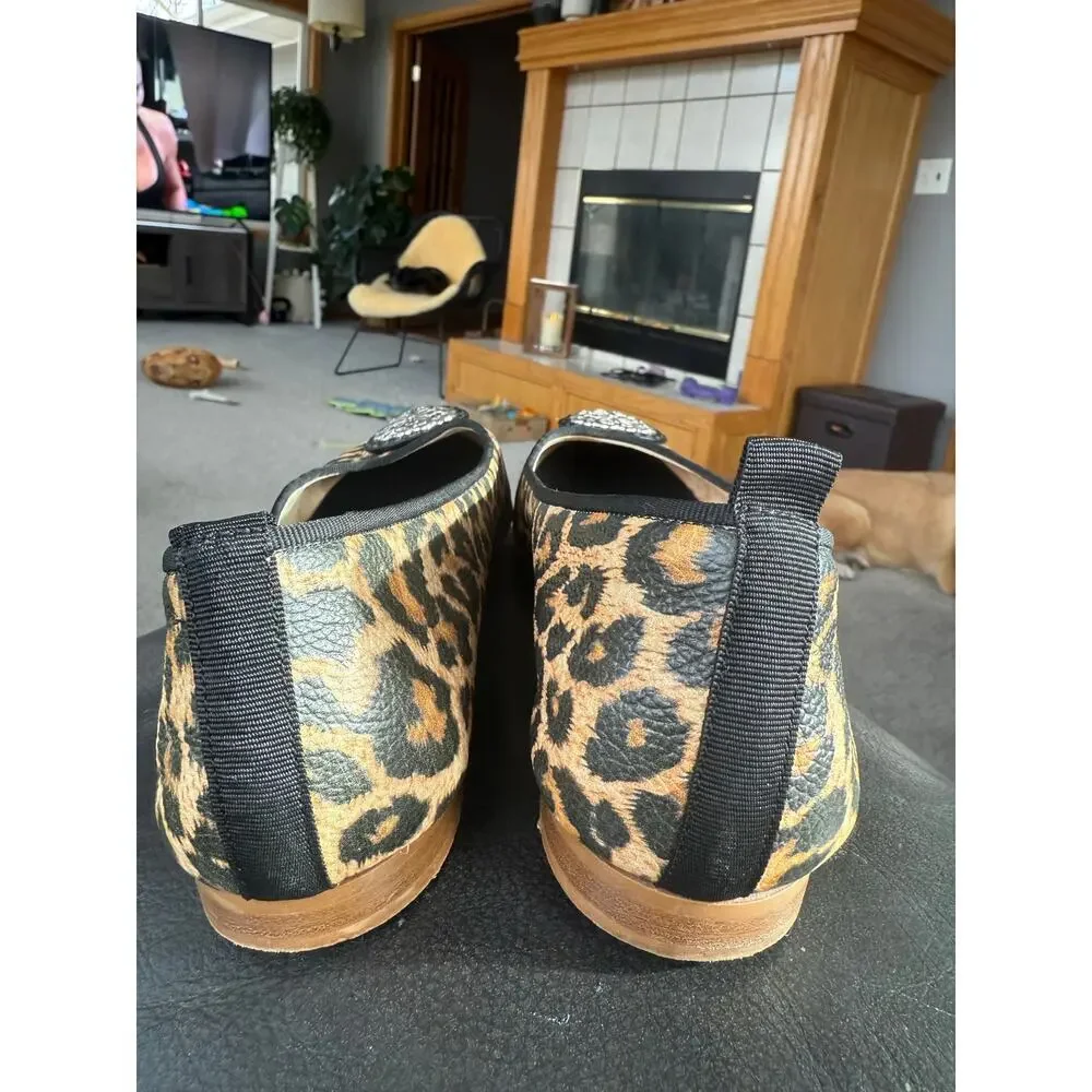 Brighton Aleta cheetah leather 9 silver logo flats Italy